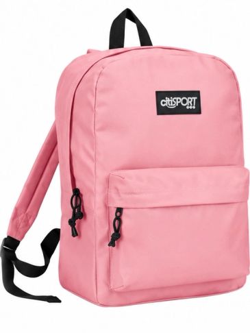 Pink backpack with black zippers and handle.