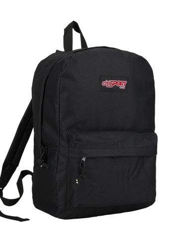 Black backpack with front pocket and shoulder straps.