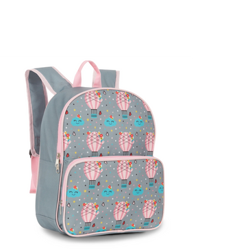 Gray and pink backpack with hot air balloon and bird patterns.