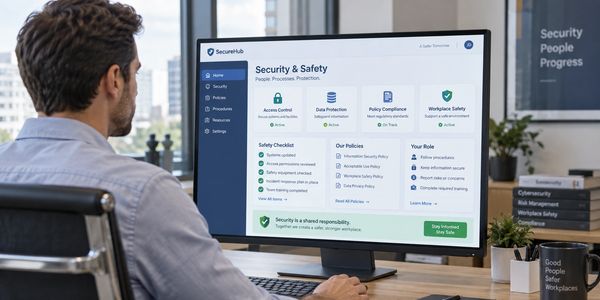 Man working on security and safety dashboard at office.