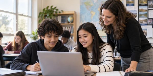 Teacher helping students with laptop work in classroom.