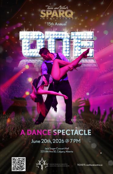 A dynamic dance performance poster for Sparq Productions' 15th Annual Dance Spectacle.
