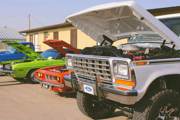Lineup of classic cars with open hoods at a car show.