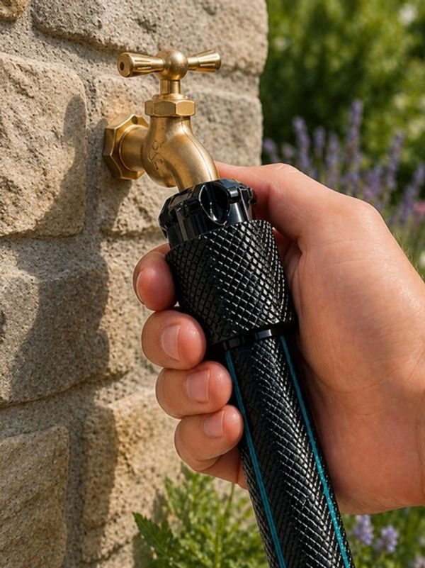 Hand attaching a black garden hose to a brass outdoor faucet on a stone wall.