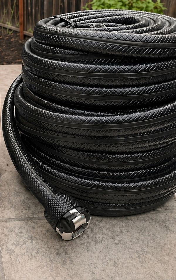 Coiled black textured garden hose with metal connector on tiled ground outdoors.