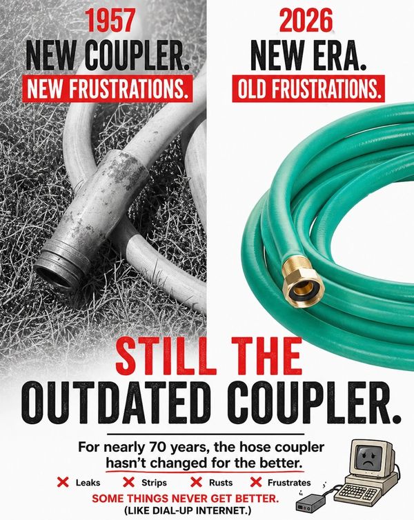 Comparison of hose couplers from 1957 and 2026 highlighting persistent frustrations.