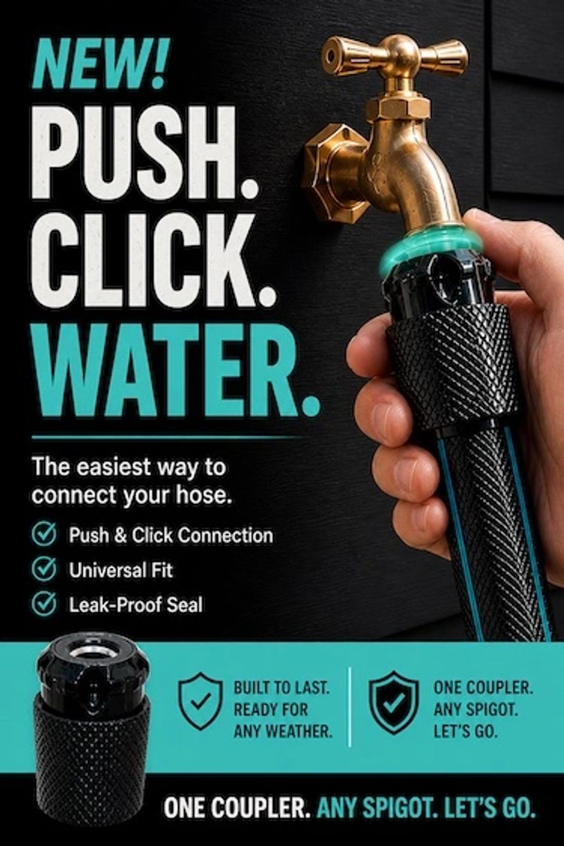 New push and click water hose coupler for easy, leak-proof connection.