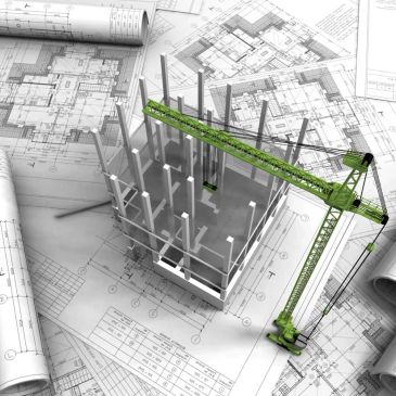 A 3D model of a construction site with a green crane on architectural blueprints.