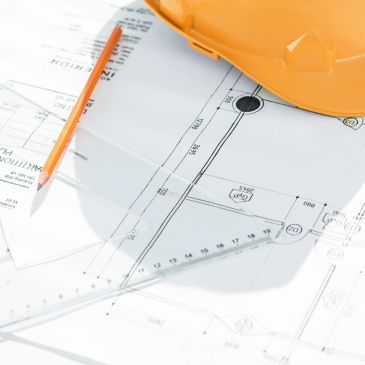 Yellow hard hat, pencil, and ruler on architectural blueprints.