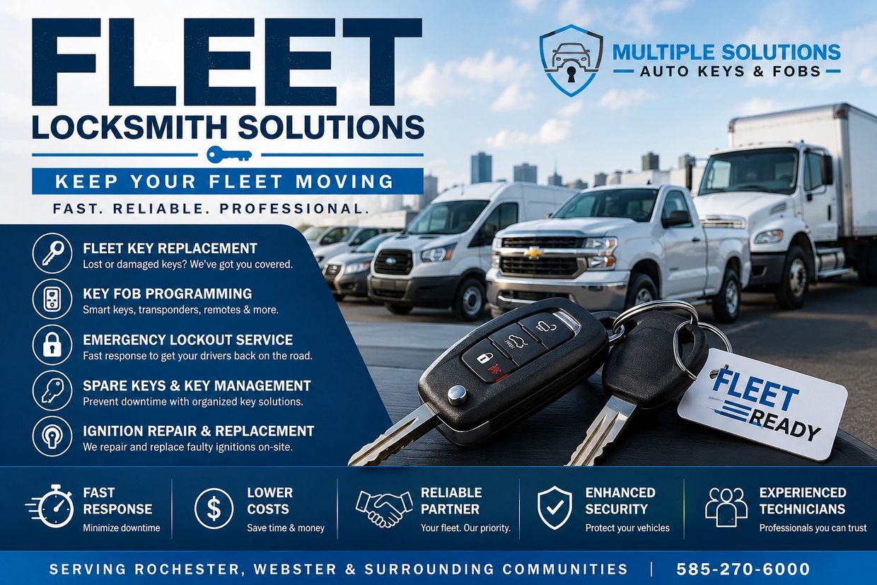 Fleet Locksmith Solutions ad with keys and trucks.