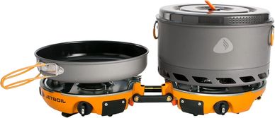 Portable dual-burner camping stove with cookware and foldable handles.