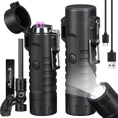 Black multifunctional survival tool with flashlight, compass, fire starter, and USB charging cable.