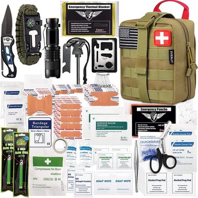 Comprehensive survival and first aid kit with tools and medical supplies in a tactical pouch.