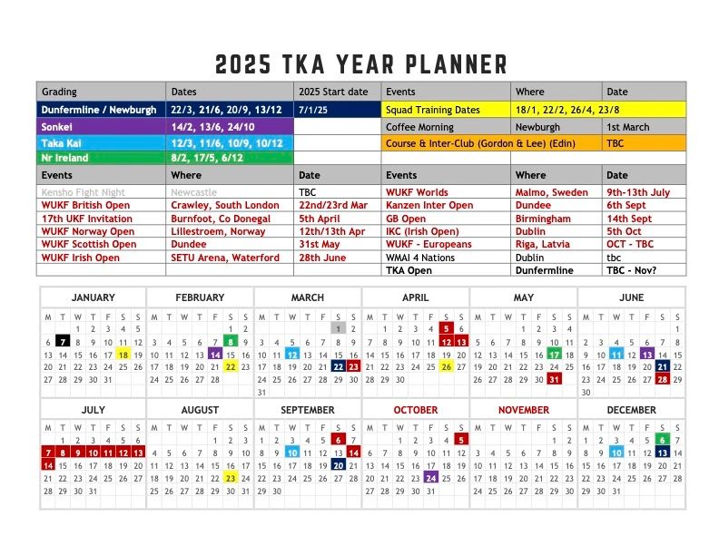 2025 TKA Year Planner with events and key dates color-coded by region.