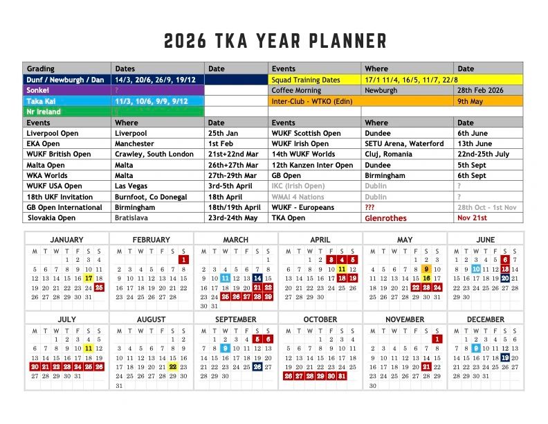 2026 TKA Year Planner with event dates and key training sessions.