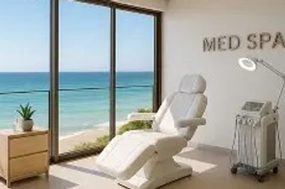 Modern med spa room with ocean view and treatment chair.