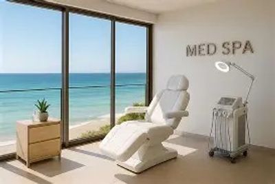 Bright med spa room with ocean view and treatment chair.