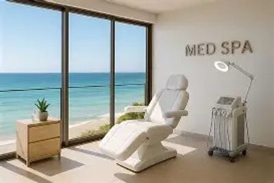 Modern med spa room with ocean view and treatment chair.