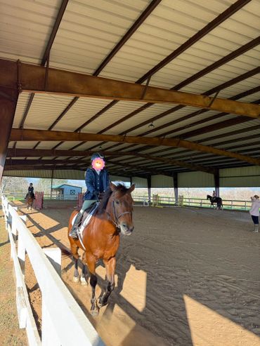Person riding a brown horse in an indoor riding arena with others.