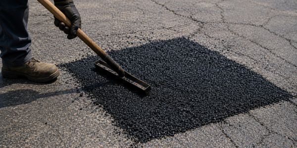 Worker smoothing freshly laid asphalt patch on cracked road surface.