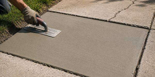 A person smoothing freshly poured concrete with a trowel.