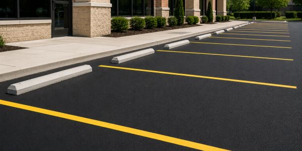 Empty parking lot with freshly painted yellow lines and concrete spacers.