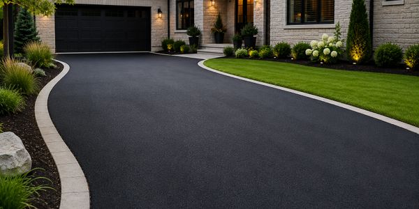 Smooth, freshly paved driveway leading to a modern home with manicured landscaping.