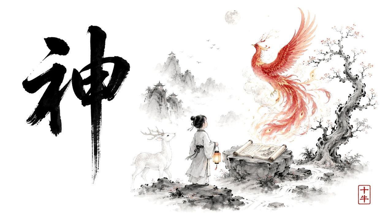 A mystical scene with a child, deer, phoenix, and ancient scrolls in Chinese ink style.