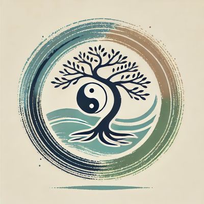 Yin-yang symbol integrated with a tree inside a circular brushstroke design.