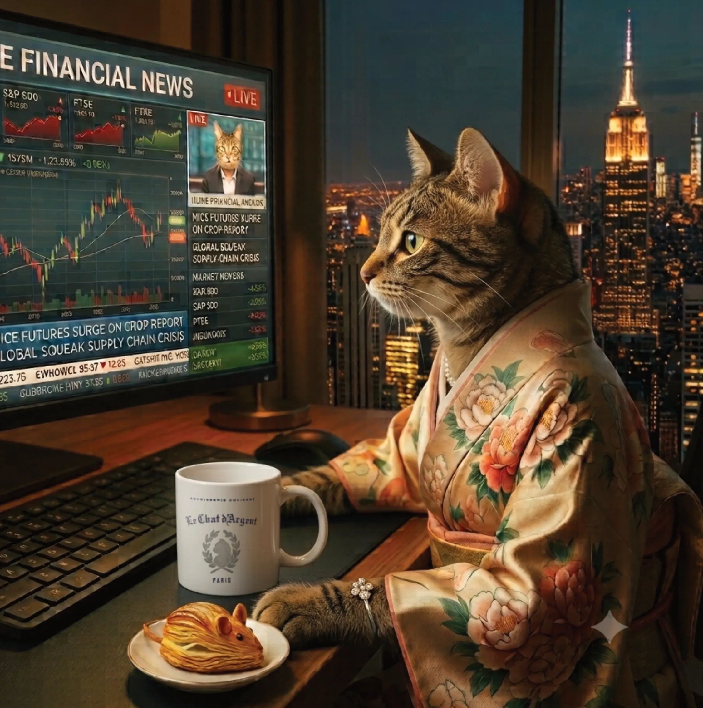 Cat looking at computer screen at night in NYC, she has a mug from Le Chat d'Argent sourisserie.