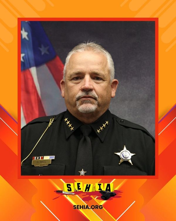 Portrait of a uniformed sheriff with an American flag background.