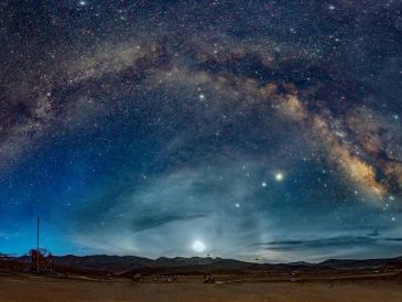 Night sky with the Milky Way arching over a horizon.