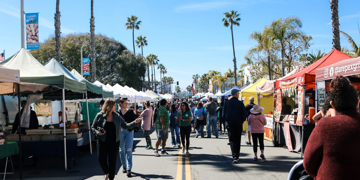 A sunny outdoor farmers market with people browsing stalls under tents and palm trees.