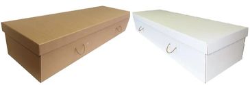 Two coffin-shaped cardboard boxes, one brown and one white.
