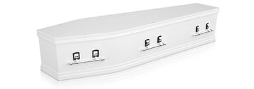 White coffin with silver handles isolated on white background.