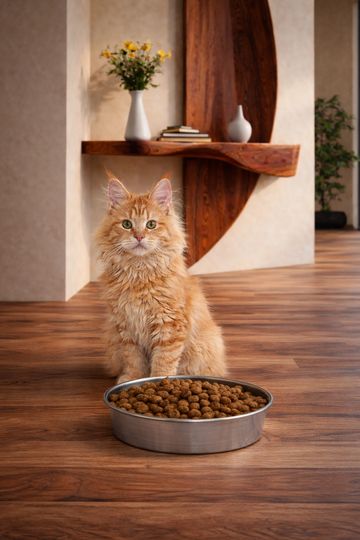 A fluffy orange cat sitting behind a bowl of dry cat food on wooden floor.