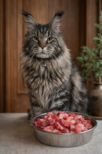 A fluffy Maine Coon cat sitting behind a bowl of raw meat.