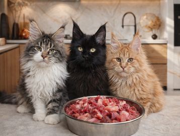 Three Maine Coon cats sitting behind a bowl of raw meat in a kitchen.