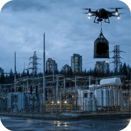 UAV carrying bomb over a large, urban transformer station.