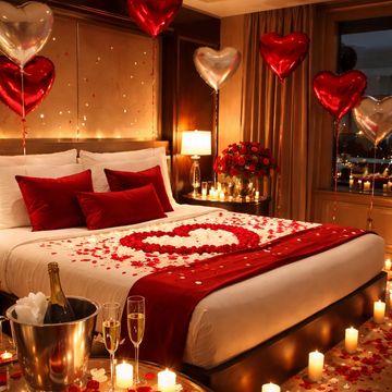 Romantic red heart Valentine’s Day set up in suite 