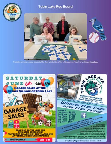 Tobin Lake Rec Board quilting and community event posters.