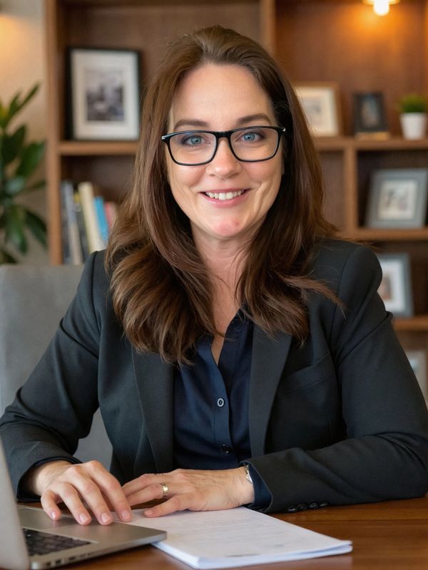 Professional woman with glasses smiling at a desk with laptop and documents.