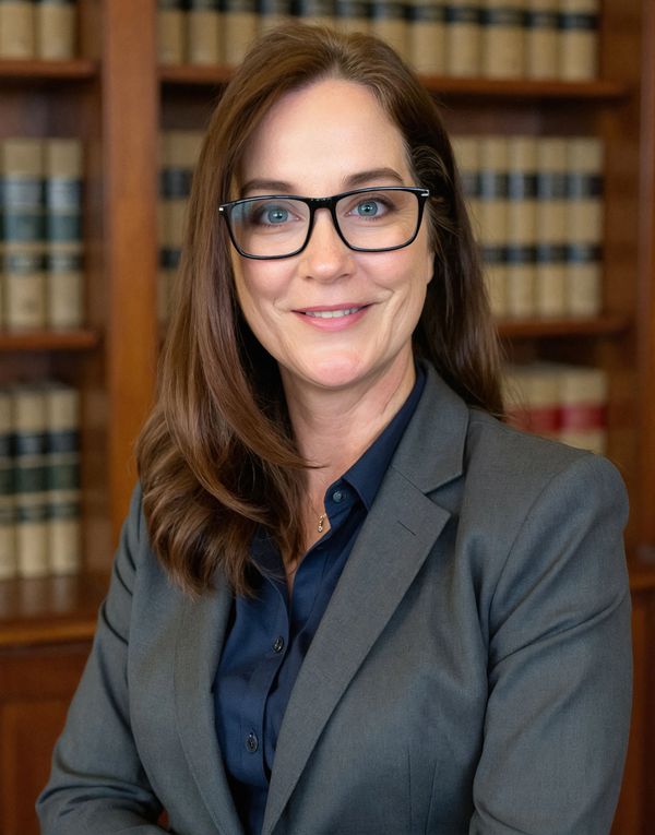 Professional woman in glasses and blazer smiling in front of a bookshelf.
