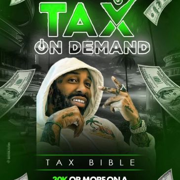Promotional image for Tax on Demand by Tax Bible featuring a man with money graphics.