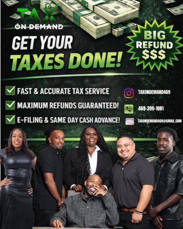 Group photo promoting fast and accurate tax services with big refunds.