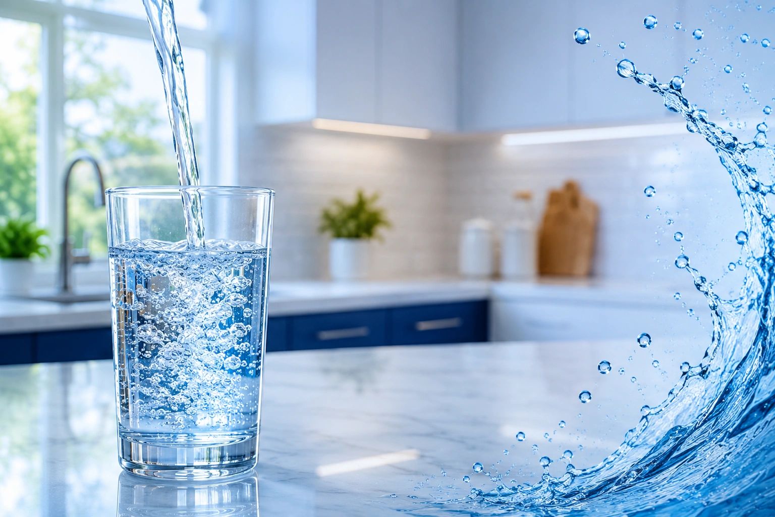 Clear water being poured into a glass on a kitchen counter.