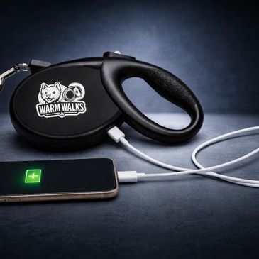 A dog leash with a built-in phone charger connected to a smartphone.