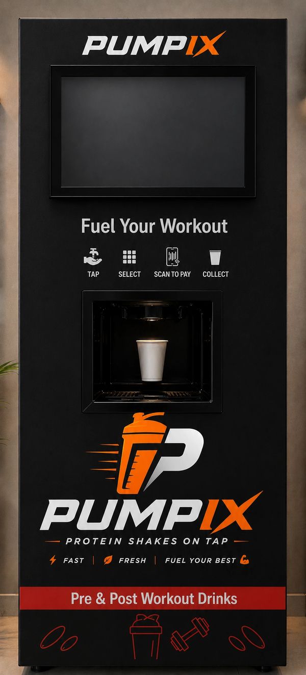 A PUMP IX vending machine for protein shakes with tap-to-pay functionality.
