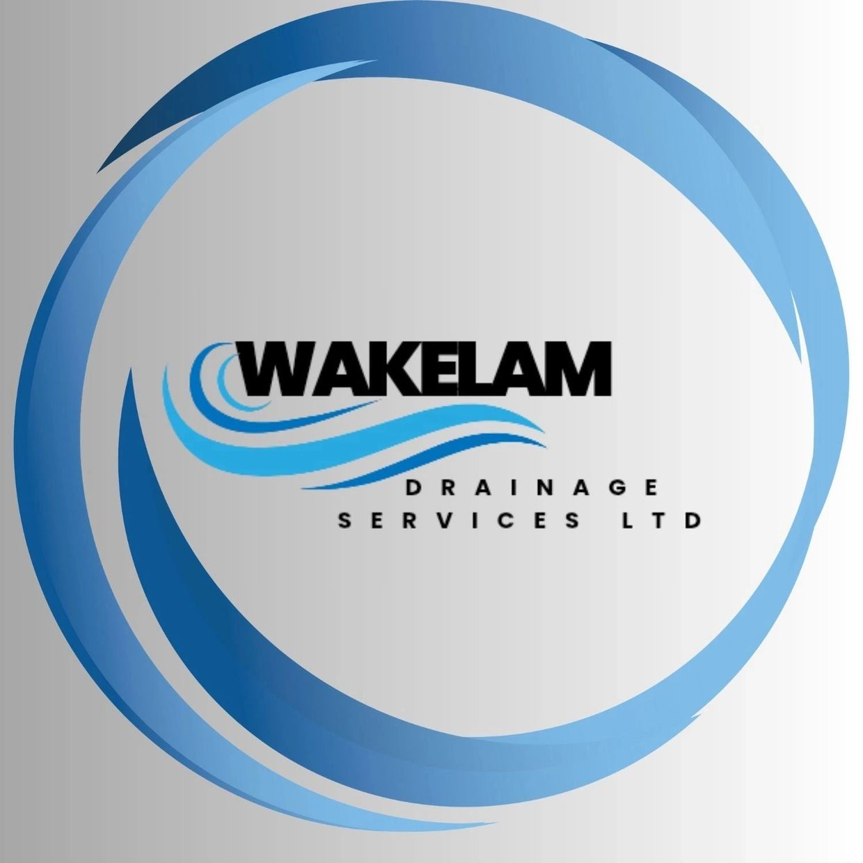 WAKELAM Drainage Services Ltd logo with blue wave design.