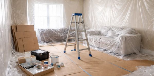 Room  prepped for painting with furniture covered, floors protected to ensure professional finish